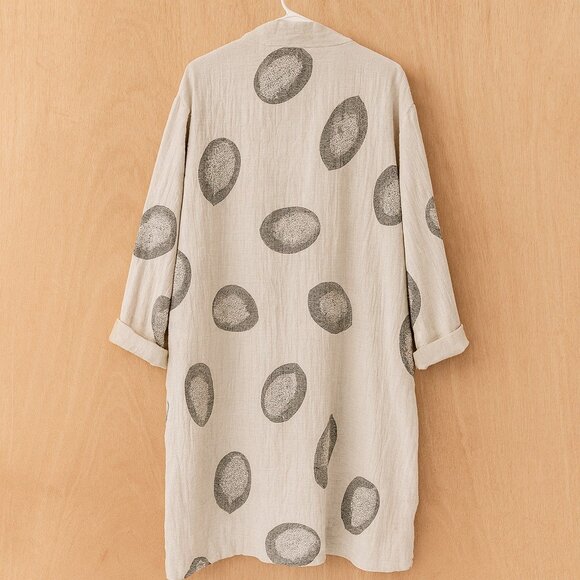 Noen Linen Long Jacket Kimono Coat Beige Black Dot Print Oversized size 6 - Picture 2 of 3